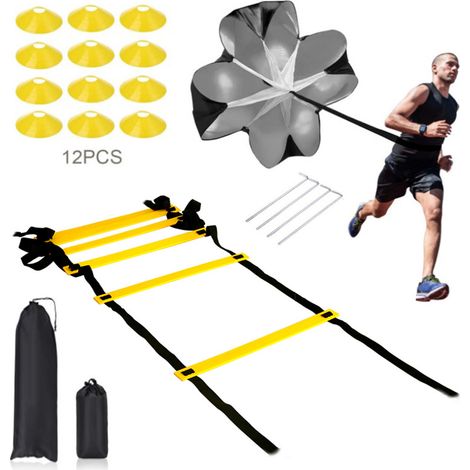 Speed and Agility Training Kit with TPE Ladder, Resistance Parachute, 12 Disc Cones, 4 Steel Stakes