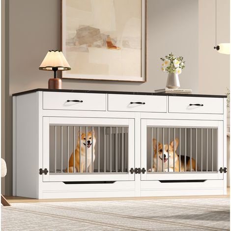 Hundebox aus MDF und Metall mit 3 Schubladen, Klapptür, 164 x 60 x 81 cm, Weiß/Schwarz (1/5)
