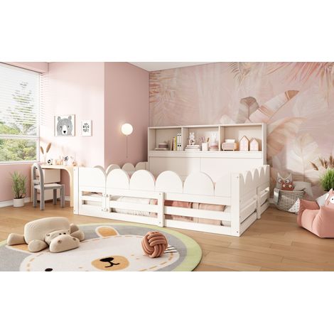 Cama suelo 140x190 cm de madera blanca con estante, para juego y descanso, sin colchón – MEUBLIV (1/5)