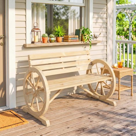 Banc de jardin, motif roue de chariot, pour 2 personnes, bois naturel, brun foncé, naturel (1/5)