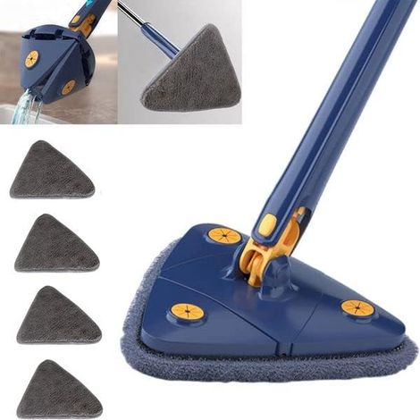 Vadrouille de Nettoyage Triangulaire à 360 degrés, Balai télescopique Triangulaire, Balai à sertir réglable, serpillère Multifonction Automatique (Bleu + 4 tampons) (1/5)