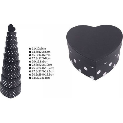 TrAdE Shop Traesio - Set 10 Pz Scatole Box Regali Varie Misure Matrioska Forma Cuore Nero Pois 71954 -