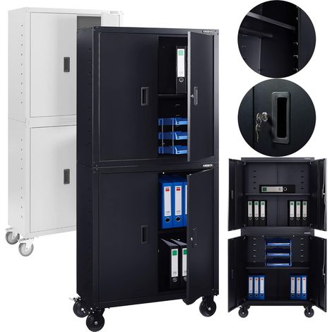 Arebos – Armoire de rangement à roulettes 195 x 90 x 40 cm – Acier thermolaqué noir – 2 portes battantes verrouillables – Capacité 40 kg par étagère (1/5)