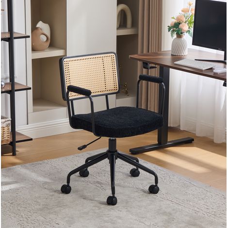 Chaise de bureau vintage moderne pivotante avec accoudoirs, assise en PU, dossier en rotin synthétique - noir (1/5)