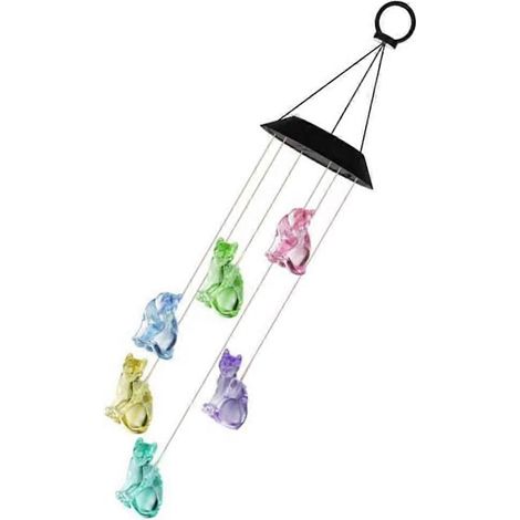Carillon solaire LED lumineux motif chat couleurs changeantes décoration de jardin à suspendre pour extérieur (1/5)