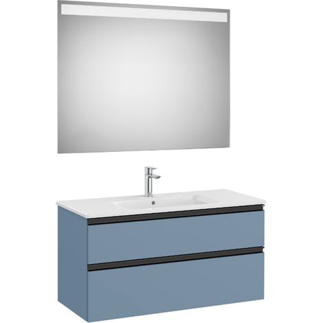 Pack meuble "The Gap" 1000 - 2 tiroirs + lavabo slim + miroir LED - bleu mat/ poignées noires - Roca (1/2)