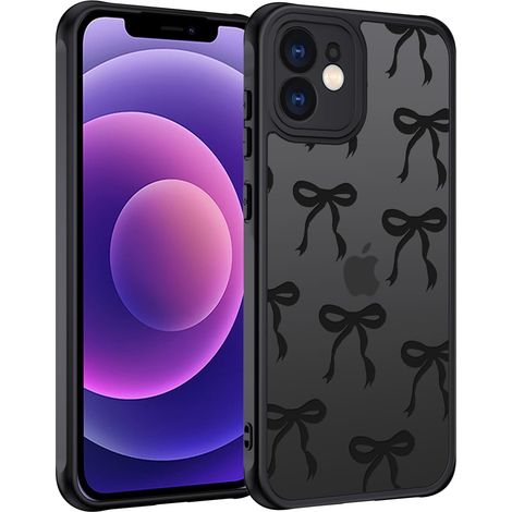 Coque pour iPhone 12 Mini, Étui Mat Translucide avec Motif de Nœud Arc Papillon Minimaliste Housse PC Dur Arrière Anti-Rayures + TPU Bumper Fine Antichoc, Noir (1/5)