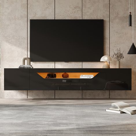 Meuble TV design 180cm noir brillant avec LED - 3 compartiments + étagère flottante - Pour téléviseur jusqu'à 75" (1/5)
