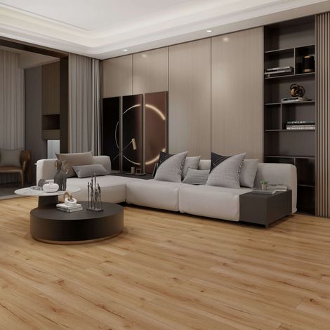 Revêtement de sol en vinyle clipsable SPC Sorin lame effet parquet aspect chêne sauvage rustique brun doré avec sous-couche acoustique intégrée Pack de 10 lames (2,208 m²) (1/5)