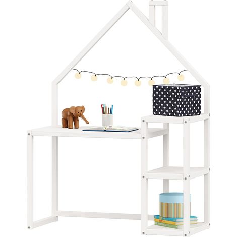 Idimex – Bureau enfant en forme de maison – Pin massif lasuré blanc – Hauteur réglable 56-75 cm – Design Montessori avec étagères intégrées