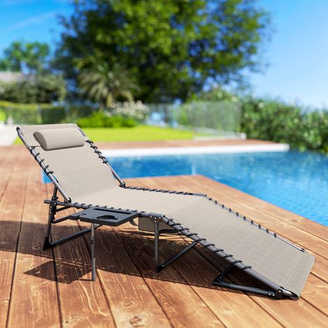 Silla de jardín plegable y reclinable de 5 niveles con mesa auxiliar y bolsillo, 60x190x31 cm, color crema.