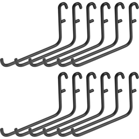 Set di 12 ganci in metallo per pannelli forati, 9,4 x 6,1 cm, ganci portaoggetti in metallo a forma di L, accessori da appendere per casa, garage, ufficio, organizer da parete, nero
