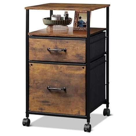 Caisson de bureau mobile avec 2 tiroirs en tissu et compartiment ouvert, roulettes freinées, format A4, marron vintage (1/5)