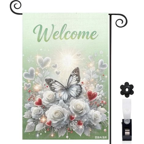 Drapeau de jardin vertical 30 x 45 cm motif papillon et fleurs style romantique toile double face résistante intempéries (1/5)