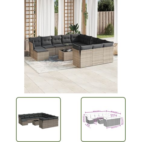 The Living Store 13-tlg. Garten-Sofagarnitur mit Kissen Grau Poly Rattan - Gartenmöbel Set - PE-Rattan Möbel - Outdoor Sofa - Esstisch - Lounge Garnitur (1/3)