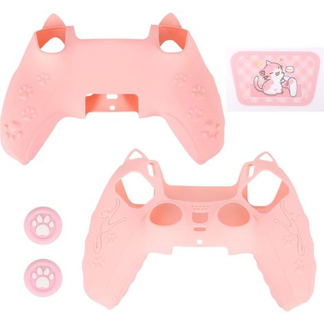 Funda rosa para mando de PS5, diseño de huella de gato, cubierta de silicona antideslizante, accesorios para mando inalámbrico de PS5, funda protectora con almohadillas para los pulgares y pegatina pa (1/5)