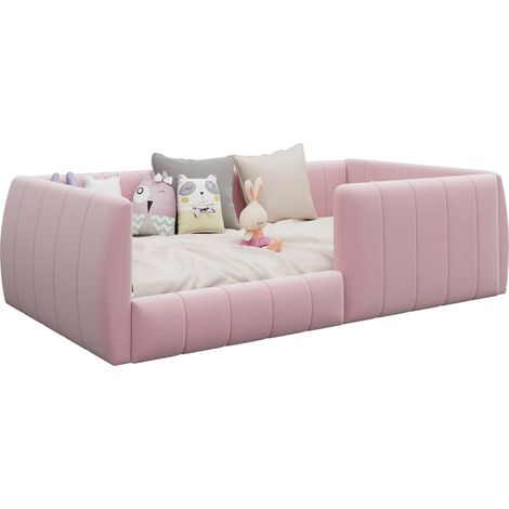 Lit rembourrée capitonné 90x200cm avec barrières de sécurité tête de plateforme, lit simple design moderne confortable pour chambre enfant ado, rose (1/5)