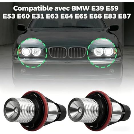 2 x Ampoules LED Angel Eyes Halo Ring, étanches, pour feux de stationnement, compatibles avec BMW E39 E59 E53 E60 E63 E64 E65 E83 E87 6312694048 63126916097 63126929309 (Blanc) (1/3)