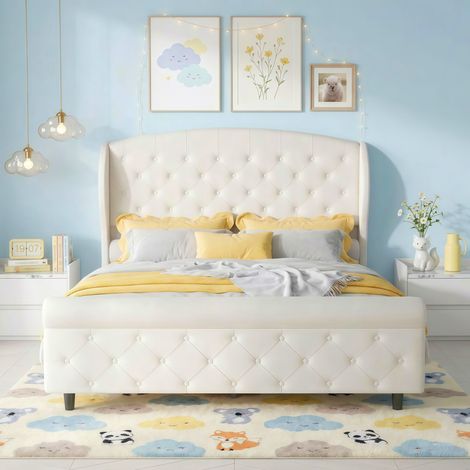 Doppelbett 140x200 cm aus Samt, Polsterbett mit gestepptem Kopfteil und Lattenrost, elegantes Design mit Knopfheftung - Beige