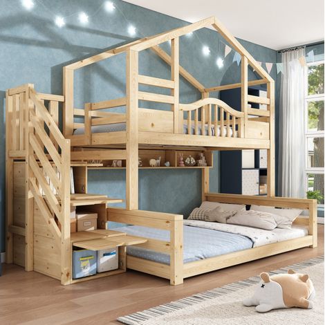 Letto a castello 90/140x200 cm in effetto legno naturale con scala contenitore e ripiani, stile casetta (1/5)