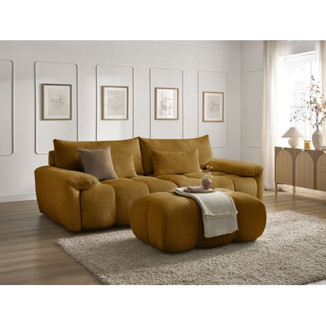 BOBOCHIC - Canapé droit fixe 3 places IVANE tissu texturé avec pouf Jaune (1/5)
