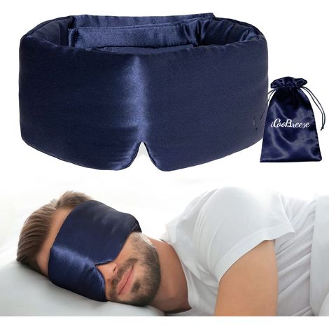 Schlafmaske aus verdunkelnder Seide, Unisex, große verstellbare Größe, sanfter Druck, marineblau (1/5)