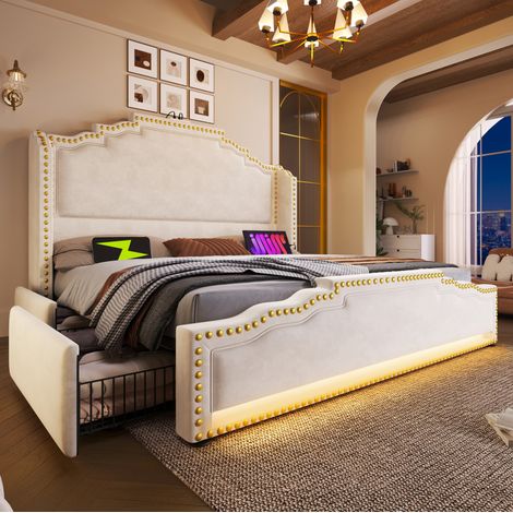 Cama 180x200 cm beige tapizada en terciopelo con 4 cajones y LED (1/5)