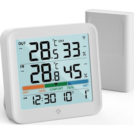 Kabelloses Innen-/Außenthermometer und Hygrometer mit digitaler LCD-Anzeige für Temperatur und Luftfeuchtigkeit, 1 Sensor, Min/Max-Speicher, °C/°F-Anzeige, Luftkomfortanzeige und Hintergrundbeleuchtun (1/5)
