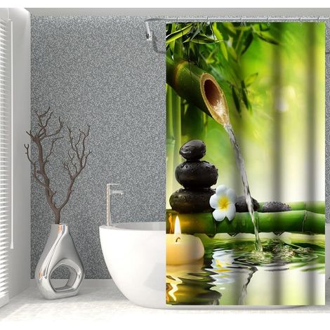 105x160cm Spa Bambou Rideau de Douche Vert Feuilles Bougies Eau Thérapie Floral Zen Méditation Basalte Pierres pour Salle Bains Polyester avec Crochets (1/5)