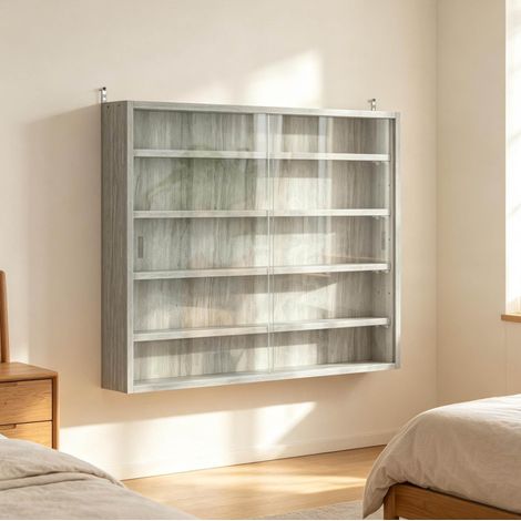 Vitrina mural de vidrio 80 x 9,5 x 60 cm, 4 estantes regulables, gris DESVIAE (1/5)