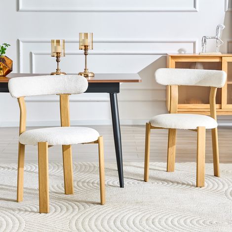Lot 2 chaises tissu bouclé blanc respirant dossier ergonomique patins antidérapants 55,5x44x79cm table non fournie pour salle à manger (1/5)