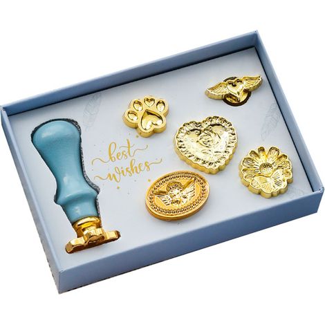 Wax Seal Stamp Set - Wooden Handle + 6 Removable Brass Stamps - For Envelopes Wedding Invitations Gift Packaging - 1 Kit (1/5)