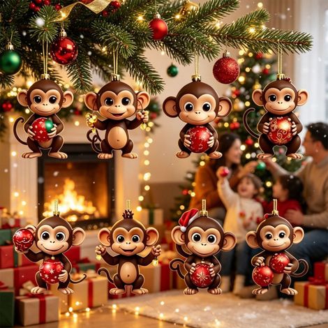 Calendrier de l'Avent 2026 sur le thème des singes, 24 décorations suspendues en acrylique 2D représentant d'adorables petits singes de Noël, ornements colorés pour sapin de Noël et décoration festive (1/5)