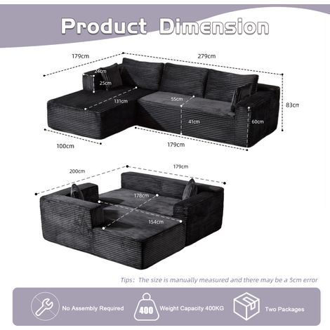 Canapé d'angle modulable avec méridienne confortable, canapé en L sans structure et assise profonde, canapé-lit minimaliste pour salon, chambre, appartement, velours côtelé, noir (1/5)