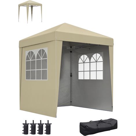 Gazebo da giardino pieghevole a montaggio rapido, regolabile in altezza, con protezione UV 30+ e 3 pannelli laterali beige.