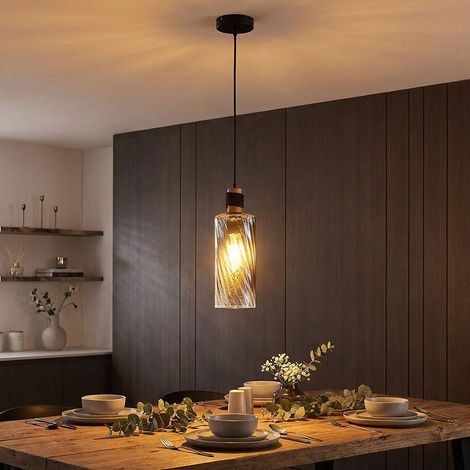 Suspension LED, noir mat, bois brun, verre fumé, H 150 cm (1/5)