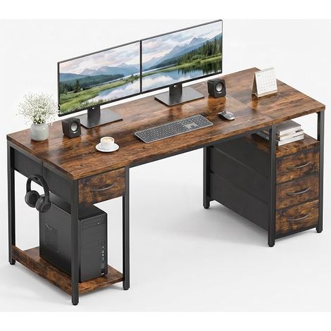 Computer Desk 140 cm Desk with 4 Drawers, Table with CPU Support and Storage Shelf, Computer Table for Work, Study and Gaming Brown (1/5)