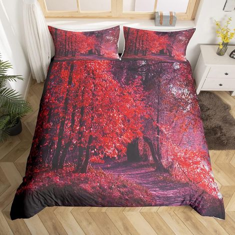 Ensembles de motifs d'arbres rouges de Housse de Couette Feuille d'automne Branche Parure de Lit 200x200cm Paysage naturel Housse de Couette pour enfants Microfibre Scène boisée Décor de salle - 200x2 (1/5)