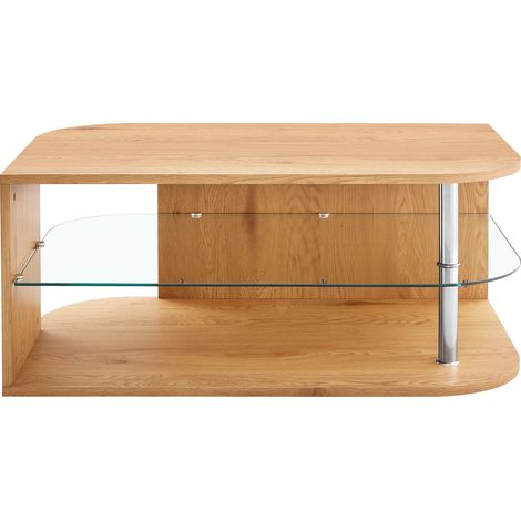 Mesa de centro moderna con almacenaje, madera natural y estante de vidrio, 100 x 60 x 42 cm (1/5)