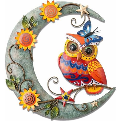 Décoration murale en métal 3D motif hibou/lune/dragon – 29,29 cm – fer noir mat – idéale pour intérieur, salon ou chambre (1/5)
