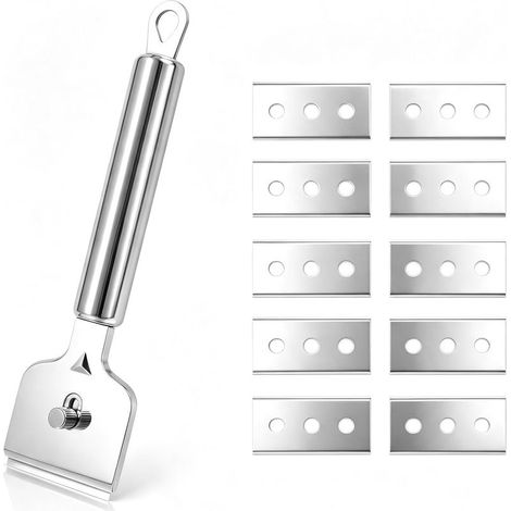 Reinigungsschaber aus Edelstahl mit 8 Ersatzklingen, verstellbarem Klingenschutz und ergonomischem Griff für Glas, Induktionskochfeld und Backofen (1/4)