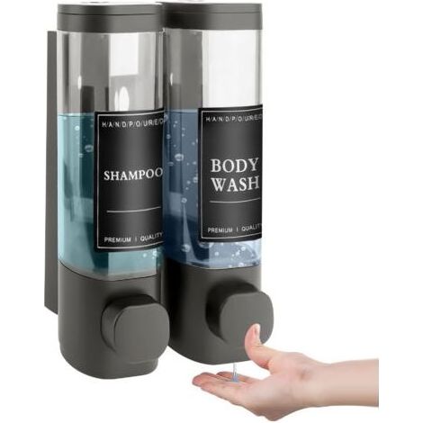 Distributeur de Savon Mural, Distributeur Gel Douche, Distributeur Double de Shampoing et Après-shampoing sans Perçage ABS pour Salle de Bain Cuisine Marché Hôtel Restaurant 300ML2(Noir) (1/5)
