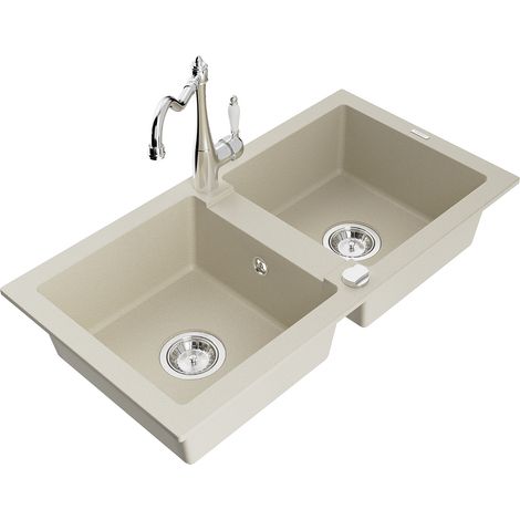 Mexen Mario 2-Becken-Granitspüle mit Mischbatterie Carla, Beige - 6504-69-670700-00 (1/5)