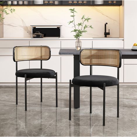 Esszimmerstuhl aus Samt, 2er-Set, Rattanlehne und Metallbeine, Schwarz HAVRYA (1/5)