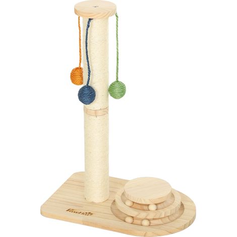 Arbre à chat en bois naturel, hauteur 56,5 cm, avec 3 balles suspendues. (1/5)