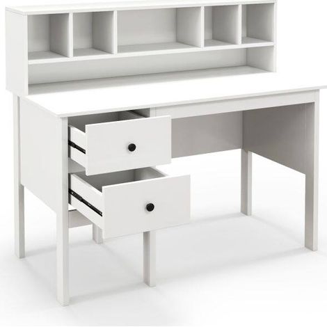 Bureau informatique blanc 120 cm avec étagère 5 casiers et 2 tiroirs, panneaux solides et 6 pieds antidérapants pour bureau et étude (1/5)