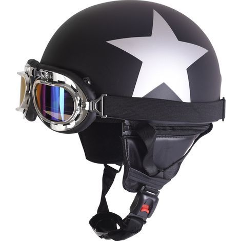 Casque de moto rétro demi-bol noir mat avec lunettes coupe-vent — Casque de sécurité léger pour la conduite (1/2)