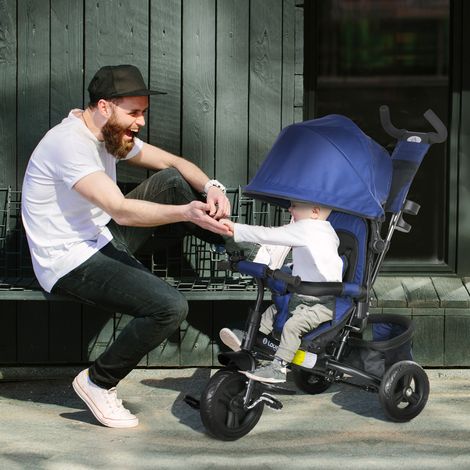 Tricycle enfant vélo panier arrière porte-gobelet auvent solaire métal, bleu foncé