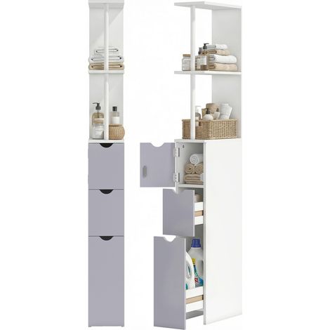 Colonne de salle de bain moderne avec 2 étagères, 2 tiroirs et 1 porte anti-basculement 15 x 33 x 136,8 cm Blanc