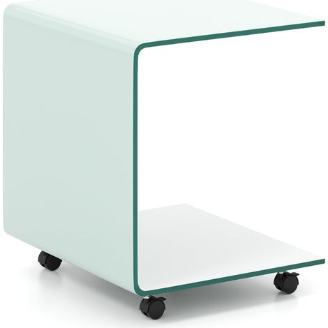Mesa auxiliar de vidrio en forma de C con ruedas - Blanca, vidrio de 12 mm